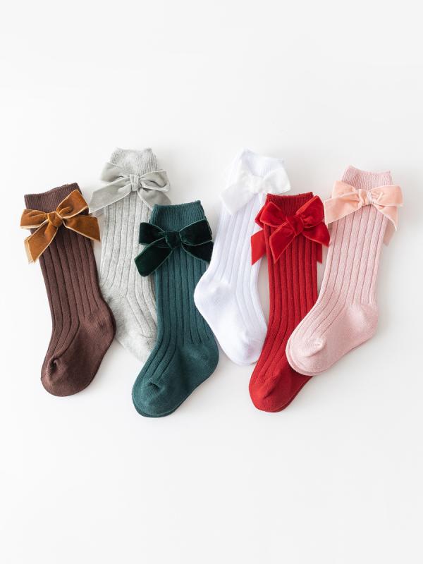 Socks, Tights, Spats - 靴下 ベビー 女の子 ハイソックス ベルベット リボン リブ編み 双針 コットン オールシーズン ホワイト グレー レッド お祝い 誕生日 結婚式 フォーマル 伸縮性 通気性 柔らかい 履き心地 おしゃれ かわいい 無地