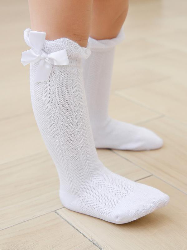 靴下 ベビー 赤ちゃん 女の子 0-2歳 リボン メッシュ 綿 コットン ハイソックス クルー丈 吸汗 通気性 春夏 薄手 かわいい プリンセス くつした 蒸れにくい シームレス 無地 普段使い オフホワイト ピンク 白