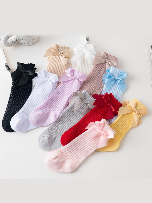 Socks - 靴下 ベビー 女の子 ソックス ハイソックス 赤ちゃん メッシュ 春夏 大リボン ちょう結び 通気性 締め付けない 綿 コットン 0-2歳 誕生日 お祝い フォーマル 上品 かわいい レッド ピンク ホワイト 薄手
