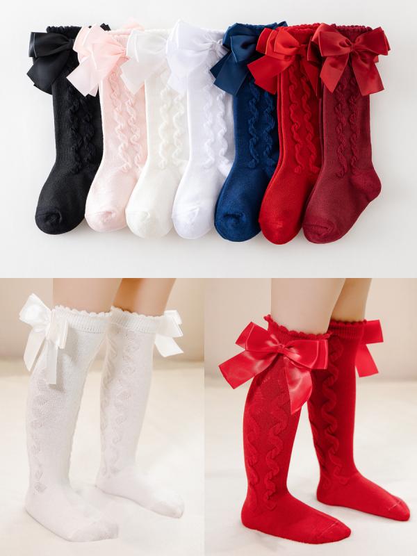 Socks - 靴下 女の子 ベビー 0-3歳 ロリータ 欧米風 プリンセス かわいい 姫系 フォーマル 発表会 セレモニー 結婚式 ダブルリボン ケーブル編み 無地 ミドル丈 コットン素材 春秋 通気性 ストレッチ 柔らかい ブラック ボルドー ホワイト