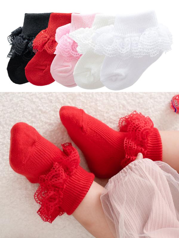 Socks - 靴下 ベビー 女の子 レース フリル 3層 三段 プリンセス お姫様 かわいい コットン 綿 混紡素材 通気性 春秋 ホワイト レッド ピンク 幼児 赤ちゃん フォーマル お祝い 普段使い 伸縮性 柔らかい 快適 ソックス