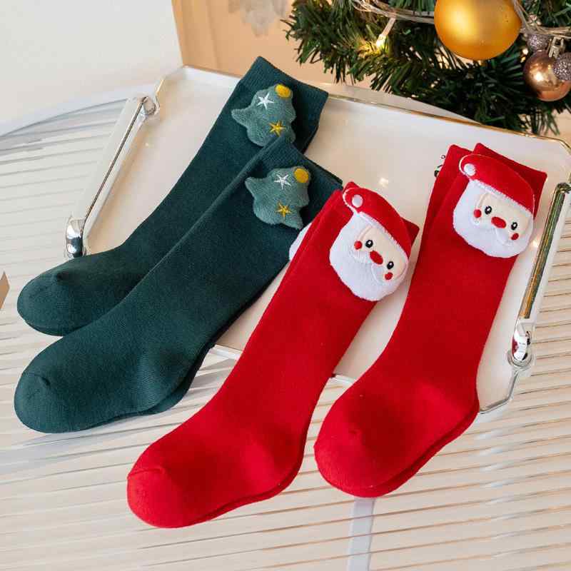 靴下 ベビー 男の子 女の子 秋冬 クリスマス サンタクロース キャラクター マスコット 膝上 ロング丈 綿 コットン 通気性 柔らかい 暖かい レッド グリーン かわいい 伸縮性 普段使い カジュアル 保温 防寒 お出かけ ソックス