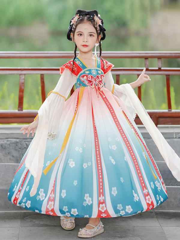唐装 女の子 漢服 襦裙 チャイナドレス ワンピース キッズ 古風 プリンセス ダンス 発表会 ステージ用 かわいい ポリエステル 柔らかい 柄 オールシーズン ブルー レッド パープル 高級感 華やか