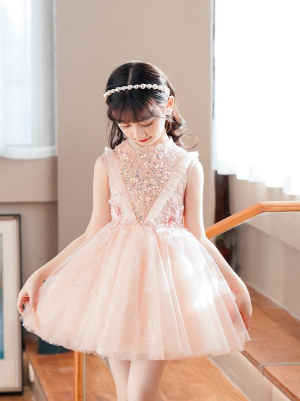 ワンピース 女の子 発表会 結婚式 パーティー フォーマル プリンセス ドレス 子供 チュール レース ノースリーブ 高級感 かわいい ホワイト ピンク 春夏 110-160cm 膝丈 透け感 豪華 フレア 裏地