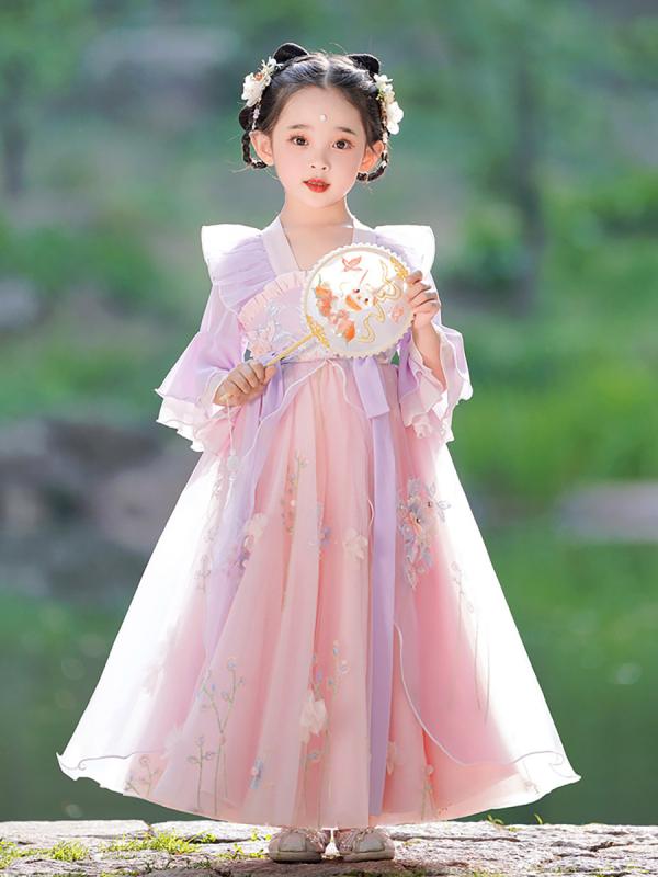 ワンピース 女の子 中国風 漢服 唐装 民族衣装 チュールスカート ドレス プリンセス かわいい 花柄 レース 刺繍 シフォン メッシュ ふんわり 春夏 お出かけ 結婚式 発表会 ピンク パープル 柔らかい ポリエステル
