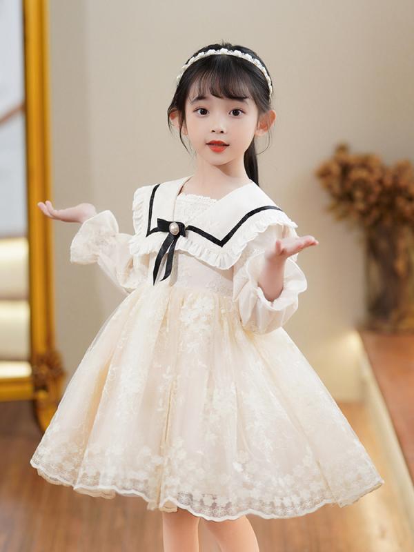 樂天商城 - ワンピース 女の子 春秋 子供服 キッズ プリンセスドレス フレンチスタイル ビッグカラー チュール ふんわり 長袖 裏起毛 無地 スクール風 かわいい カジュアル フォーマル シャンパン ピンク 通学 発表会 お出かけ