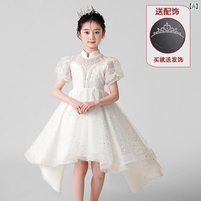 ドレス 女の子 キッズ ワンピース フォーマル プリンセス 結婚式 発表会 演奏会 チュール 上品 高級感 エレガント 韓国 春夏 白 かわいい 膝丈 フレア シフォン メッシュ ポリエステル ノースリーブ 2