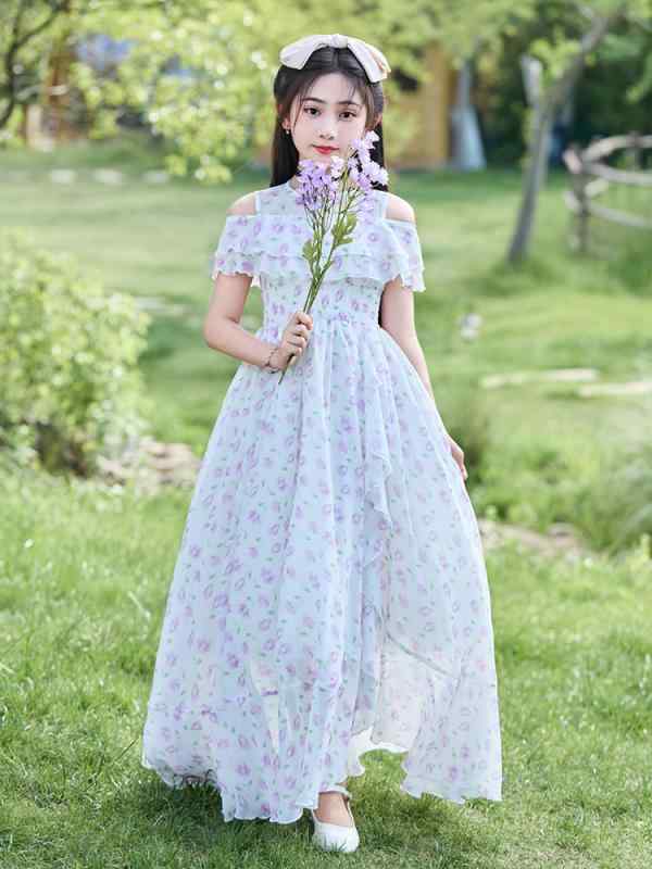 ワンピース 女の子 子供服 ドレス ガールズ 春夏 ブルー パープル 海 ビーチ リゾート 小花柄 フラワープリント リボン プリンセス かわいい おしゃれ コットン 膝丈 フレア Aライン 通気性 お出かけ フォーマル 発表会 スウィート ガーリー カ