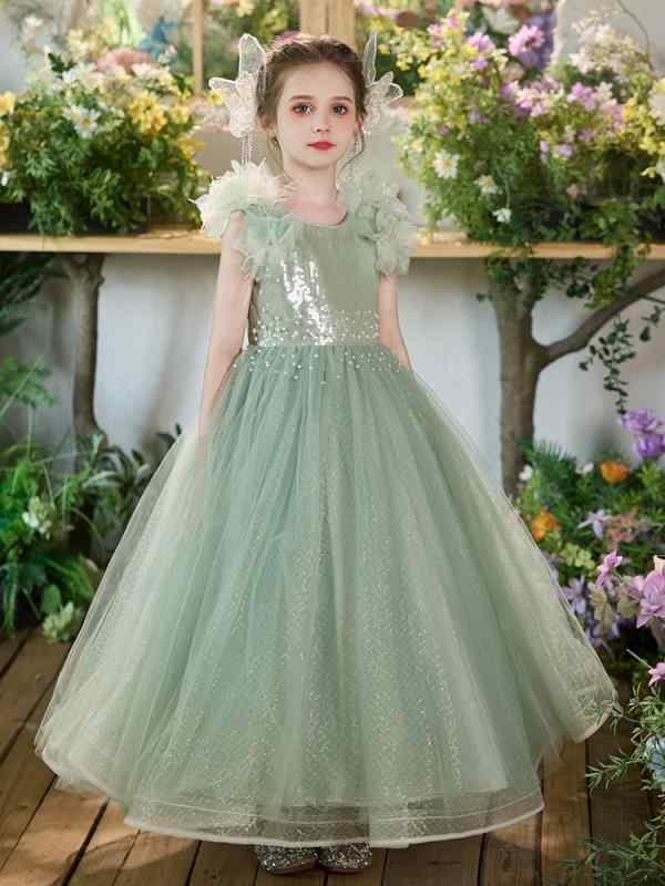 ドレス 女の子 キッズ ピアノ発表会 結婚式 パーティー フォーマル 高級感 プリンセス チュール レース かわいい ナチュラル 上品 欧米風 ワンピース ホワイト ダスティピンク グリーン オールシーズン ポリエステル