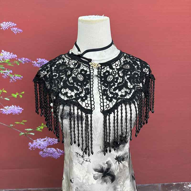 樂天商城 - ショール レディース 漢服 チャイナドレス 雲肩 ケープ レース 刺繍 フリンジ 手編み エレガント 上品 撮影用 パール ナイロン 白 黒 レトロ ヴィンテージ風 オールシーズン 華やか 伝統的 付け襟 飾り襟 ストール 結婚式 パーティー 和装 着物