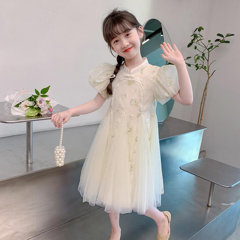 ワンピース 女の子 キッズ 子供 半袖 夏 チャイナ風 プリンセス ドレス フリル おしゃれ かわいい ピンク アプリコット ポリエステル 涼しい 普段使い お出かけ 発表会 カジュアル 無地 高級感 膝丈 Aライン