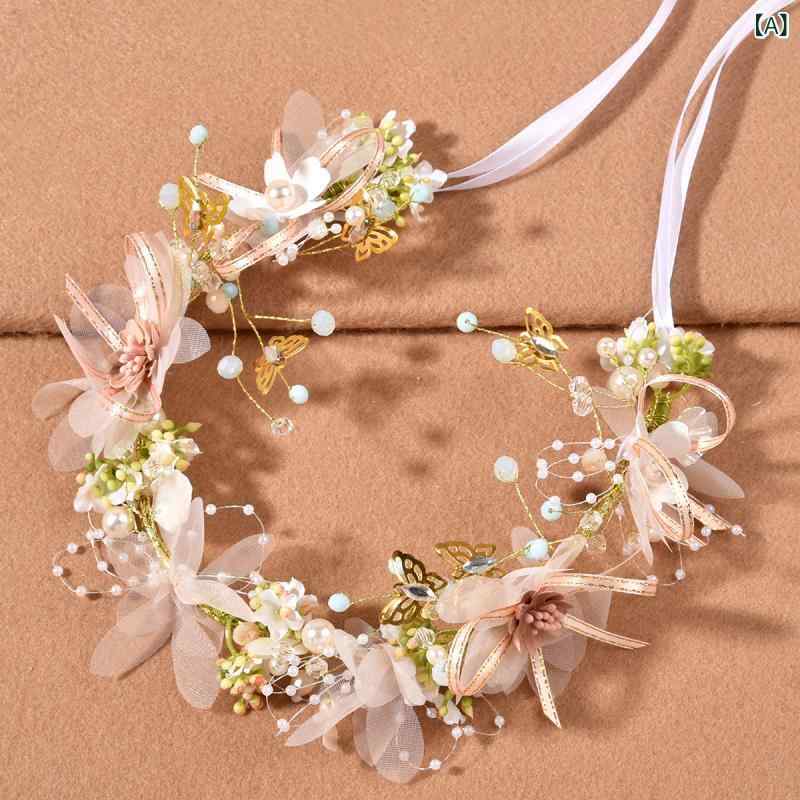 フロントップ楽天市場店のカチューシャ レディース 花冠 ヘッドドレス 結婚式 ブライダル 森ガール風 フラワー パール レース かわいい おしゃれ 髪飾り ヘアバンド 布製 春夏 イエロー グリーン 華やか エレガント ウェディング｜アングル2