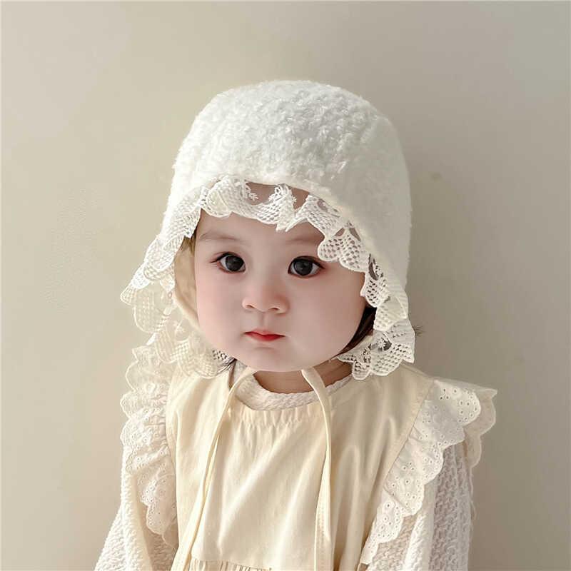 Hat - ベビー帽子 女の子 赤ちゃん ボンネット 宮廷帽 秋冬 防寒 暖かい 耳あて 耳保護 もこもこ レース フリル コットン 綿素材 幼児 乳児 新生児 6-20ヶ月 お出かけ かわいい スウィート 白 ピンク