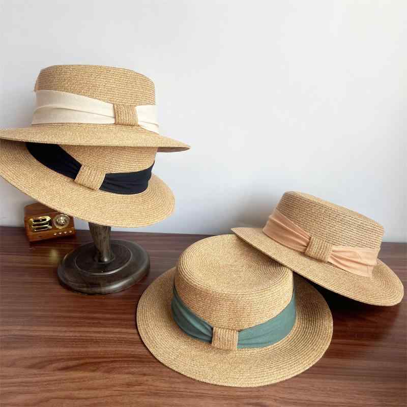 Panama Hats - 麦わら帽子 レディース ストローハット つば広 フラットトップ 日除け UVカット 紫外線対策 高級感 フレンチスタイル 清楚 リボン 通気性 軽量 ビーチ リゾート 旅行 春夏 ブラック オフホワイト ベージュ