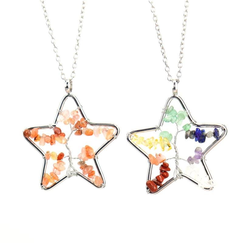SWAROVSKI - ネックレス レディース ペンダント ハンドメイド 天然石 水晶 瑪瑙 さざれ石 生命の樹 星 スター ワイヤーラップ シルバー 春夏 かわいい おしゃれ 結婚式 旅行 普段使い マルチカラー レッド 高級感