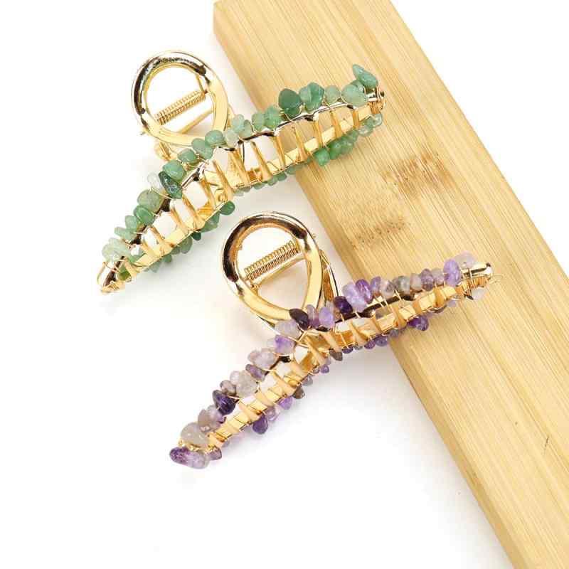 バンスクリップ レディース ヘアクリップ 髪留め 髪飾り 天然石 さざれ石 水晶 メノウ アメジスト 大きめ スクエア 合金 手編み ハンドメイド 高級感 春夏 大人かわいい 普段使い 結婚式 オフィス