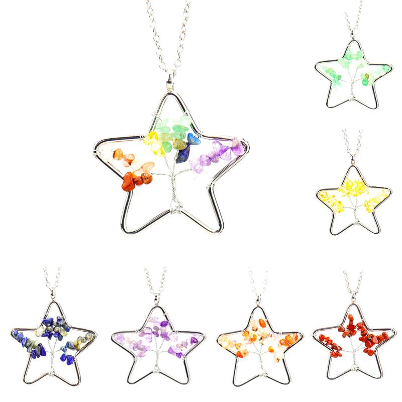 ネックレス レディース 春夏 天然水晶 さざれ石 アゲート 瑪瑙 ハンドメイド ワイヤーラッピング 生命の樹 ツリーオブライフ スター 星型 個性的 クール かわいい シルバー マルチカラー レッド 普段使い 旅行 記念日