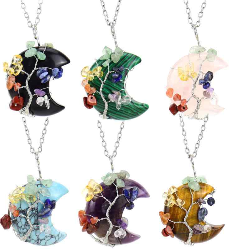 Rhinestone - ネックレス レディース ペンダント 水晶 生命の樹 ツリーオブライフ 三日月 モチーフ ワイヤーラッピング さざれ石 ロング パープル グリーン ホワイト 春夏 ナチュラル かわいい 華奢