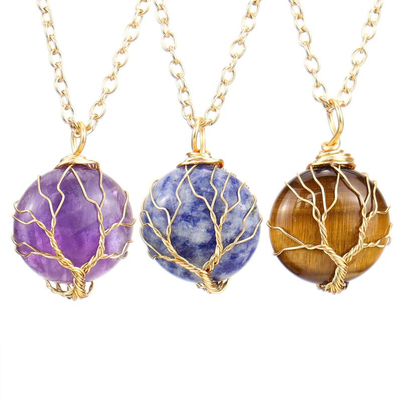 Necklaces, Pendants - ネックレス レディース ペンダント アメジスト メノウ 水晶 生命の樹 ツリーオブライフ リーフ ラウンド 春夏 手編み ワイヤーラッピング ゴールド ラッキー ラッキーアイテム アクセサリー ジュエリー 普段使い カジュアル