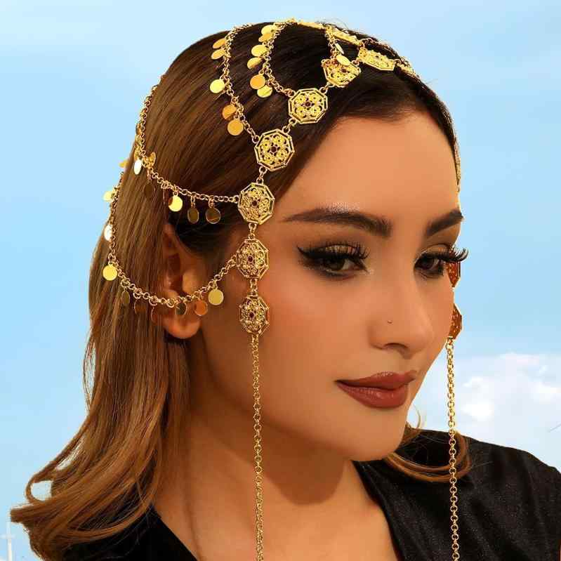 Rakuten - ヘアアクセサリー メンズ レディース ヘッドドレス ヘアチェーン エキゾチック アラブ風 民族調 エスニック レトロ ヴィンテージ風 結婚式 ウェディング ブライダル 旅行 撮影用 金 スパンコール メタリック 秋冬