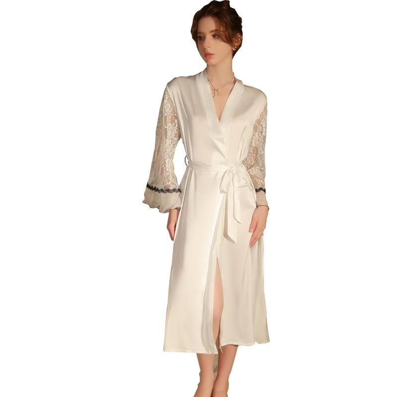 Negligees - ナイトガウン レディース サテン シルキー ロング丈 前開き レース Vネック セクシー 大人かわいい リラックス 部屋着 寝巻き お風呂上がり 白 オールシーズン 通気性 ストレッチ 快適 薄手 シンプル ポリエステル ルームウェア ローブ