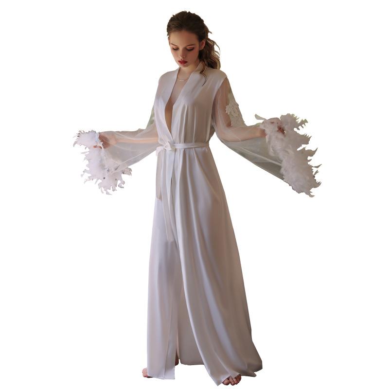 Negligees - ガウン レディース ルームウェア パジャマ 長袖 ロング丈 立体 サテン 調 チュール 刺繍 フェザー Vネック リボン 涼しい 通気性 快適 着心地 高級感 オールシーズン ホワイト ブラック レッド