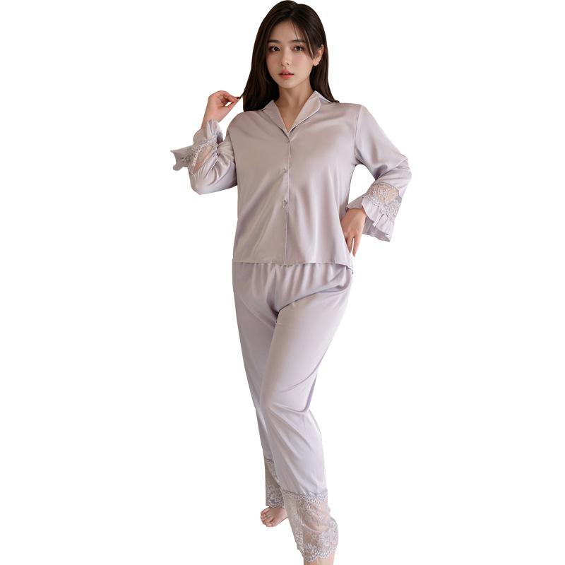 Negligees - ルームウェア レディース セットアップ パジャマ サテン レース ガウン ロングパンツ 部屋着 ナイトウェア セクシー 大人かわいい 大きいサイズ ゆったり 快適 ストレッチ オールシーズン Vネック ホワイト パープル 高級感