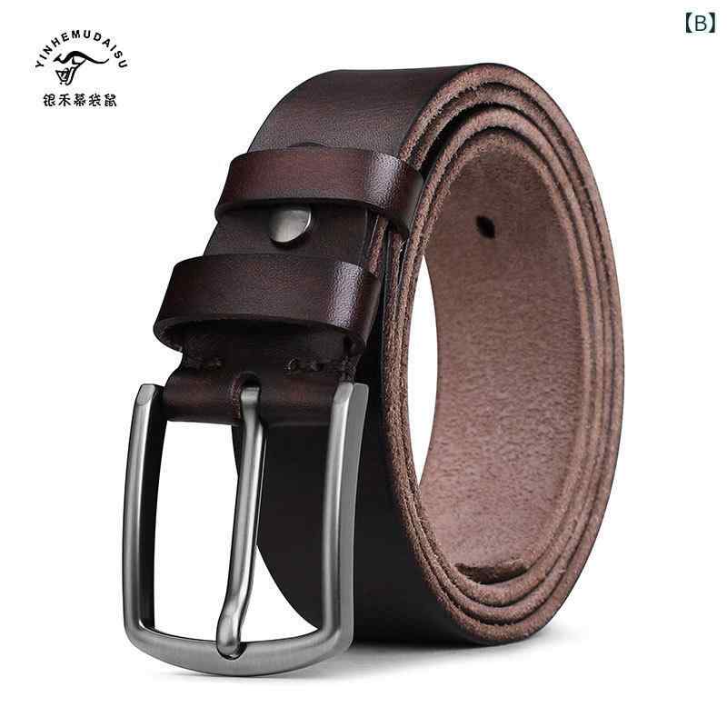 フロントップ楽天市場店のベルト メンズ レザー 牛革 トップレザー ピンバックル 合金バックル ヴィンテージ風 ハンドメイド レトロ アンティーク調 オールシーズン カジュアル 普段使い ジーンズ用 丈夫 ブラック ダークブラウン ライトブラウン｜アングル3