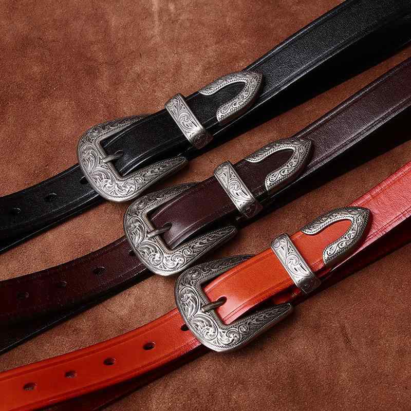 ベルト レディース レザー 牛革 カウレザー レザー カウハイド ヴィンテージ風 レトロ 個性的 高級感 カジュアル ジーンズ デニム 普段使い 針バックル ピンバックル おしゃれ かわいい ブラック コーヒー レッドブラウン オールシーズン