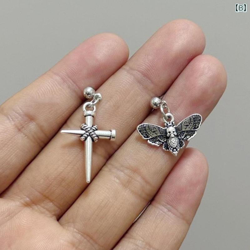 ピアス レディース ステンレス アシンメトリー 非対称 セット 十字架 クロス 蛾 モス スカル 髑髏 個性的 電気メッキ加工 幾何学 耳飾り アクセサリー 秋冬 かっこいい パンク ロック 金属 普段使いの商品画像 3