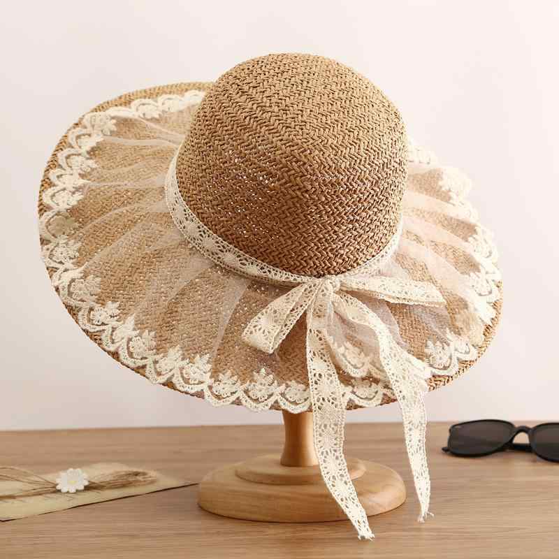 Straw Hat - 麦わら帽子 レディース ロリータ プリンセス レース リボン 日よけ つば広 ストローハット 紫外線対策 UVカット 日焼け防止 ガーリー かわいい フェミニン エレガント 春夏秋 お出かけ 旅行 ビーチ カーキ ベージュ ピンク 54-58cm