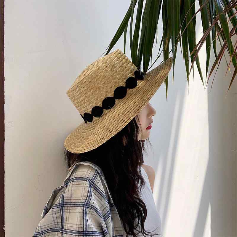 Straw Hat - 麦わら帽子 レディース ストローハット 紫外線対策 日焼け防止 UVカット 遮光 蒸れにくい 通気性 軽量 ナチュラル シンプル 韓国 フラットトップ 春夏 ブラック ホワイト ビーチ リゾート