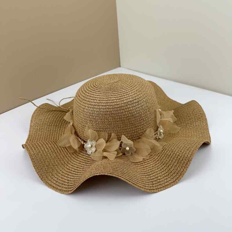 Straw Hat - 麦わら帽子 レディース ストローハット 春夏 つば広 レース 花柄 ウェーブエッジ 紫外線対策 日除け UVカット かわいい ビーチ 海辺 リゾート 小顔効果 あご紐 ベージュ ライトコーヒー ミルキーホワイト