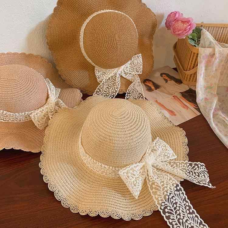 Straw Hat - 麦わら帽子 レディース 春夏 ストローハット つば広 遮光 日よけ UV対策 リボン レース フリル 波型 ペーパー素材 編み ビーチ 海 リゾート アイボリー カーキ 韓国 かわいい フェミニン 蒸れにくい