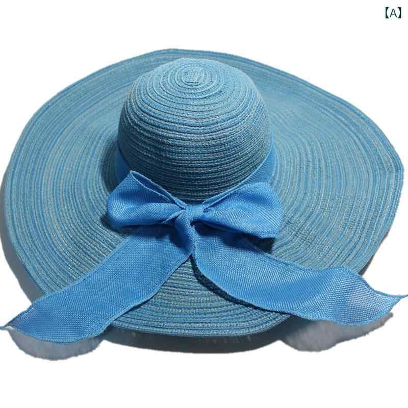 Straw Hat - 麦わら帽子 メンズ レディース つば広 ストローハット UVカット 紫外線対策 日焼け防止 ビーチ用 リボン 綿素材 コットン 春夏 56-58cm サイズ調整 カジュアル アウトドア 旅行 海 ベージュ グレー ブルー