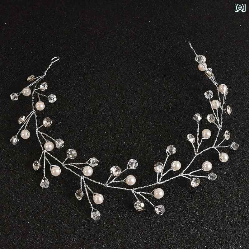 フロントップ楽天市場店のヘッドドレス レディース 髪飾り ヘアアクセサリー 結婚式 パーティー 披露宴 ブライダル 花嫁 ハンドメイド パール ラインストーン ビーズ 編み込み ソフトチェーン カチューシャ 上品 フォーマル シルバー ホワイト エレガント｜アングル2
