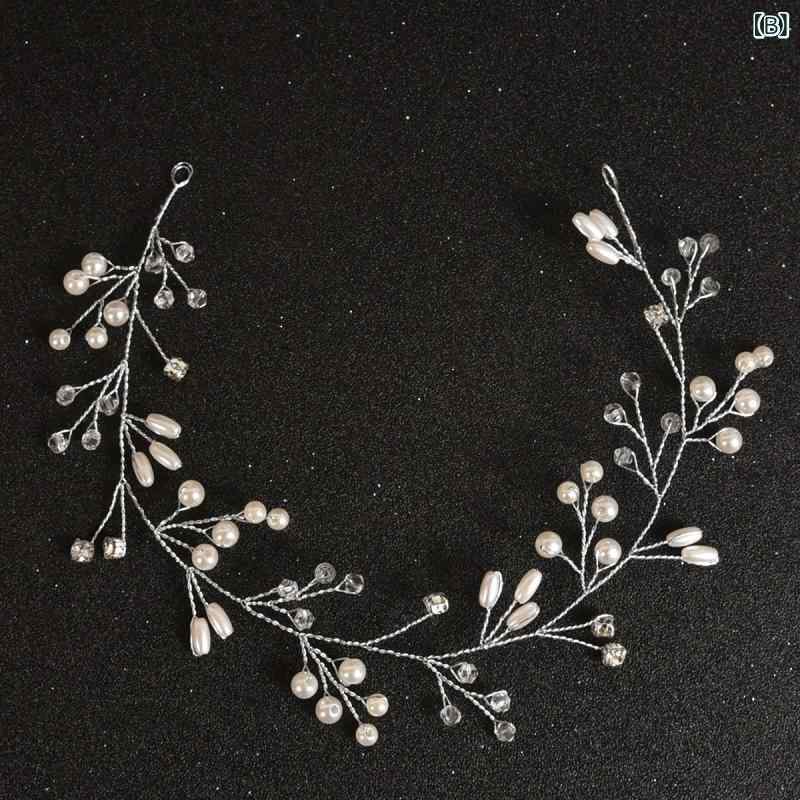 フロントップ楽天市場店のヘッドドレス レディース 髪飾り ヘアアクセサリー 結婚式 パーティー 披露宴 ブライダル 花嫁 ハンドメイド パール ラインストーン ビーズ 編み込み ソフトチェーン カチューシャ 上品 フォーマル シルバー ホワイト エレガント｜アングル3