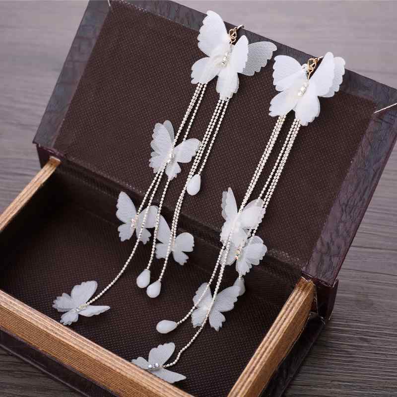 耳飾り レディース ピアス イヤリング ロング 蝶 花 フラワー シフォン レース 揺れる ブライダル ウエディング 結婚式 韓国 上品 かわいい アクセサリー フェミニン フェイクパール 大ぶり 春夏