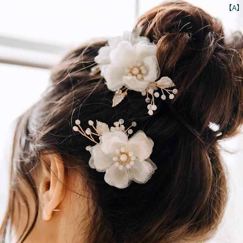 ヘッドドレス レディース ヘアアクセサリー 髪飾り 2個セット ベージュ ヘアクリップ ヘアピン チュール 花 葉 合金 結婚式 披露宴 パーティー 春夏 韓国 かわいい 上品 華やか ボタニカル フラワー フェミニン 2