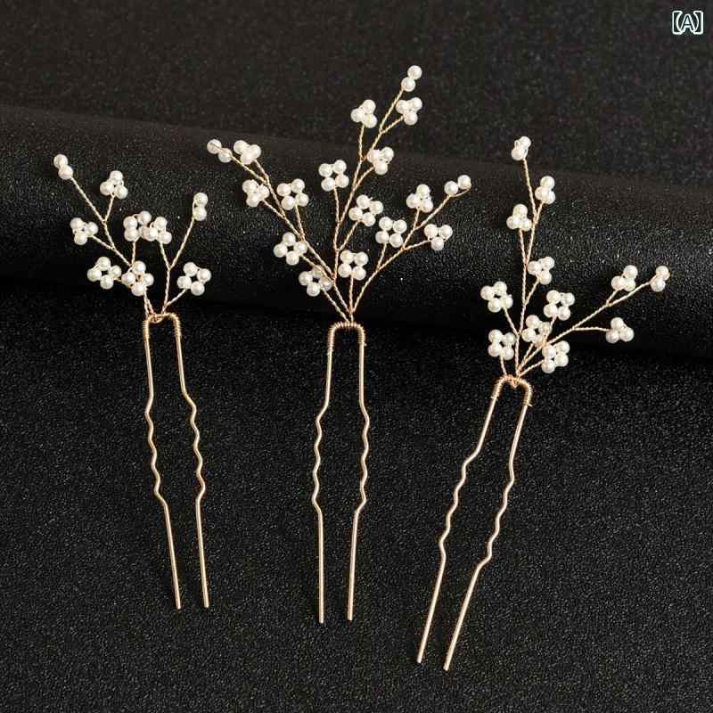 フロントップ楽天市場店の髪飾り レディース ヘッドドレス アクセサリー 欧米風 ブライダル 花嫁 ウェディング パール ヘアピン U字型 かんざし 結婚式 披露宴 パーティー 華やか 上品 電気メッキ加工 金 銀 ピンク 光沢｜アングル2