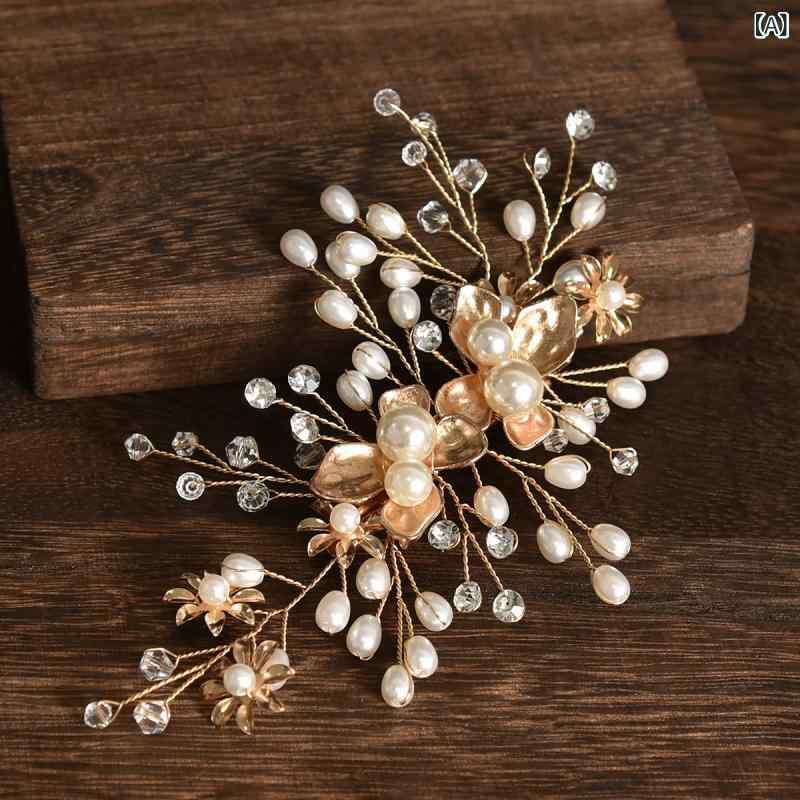 フロントップ楽天市場店のヘアクリップ レディース 髪飾り ヘッドドレス ウェディング 結婚式 パーティー ハンドメイド パール パール 合金 フラワー 華やか 上品 エレガント 清楚 かわいい ゴールド シルバー ホワイト｜アングル2
