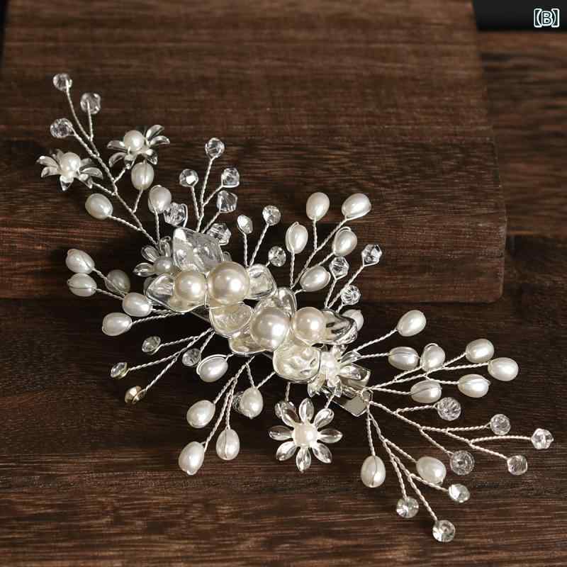 フロントップ楽天市場店のヘアクリップ レディース 髪飾り ヘッドドレス ウェディング 結婚式 パーティー ハンドメイド パール パール 合金 フラワー 華やか 上品 エレガント 清楚 かわいい ゴールド シルバー ホワイト｜アングル3