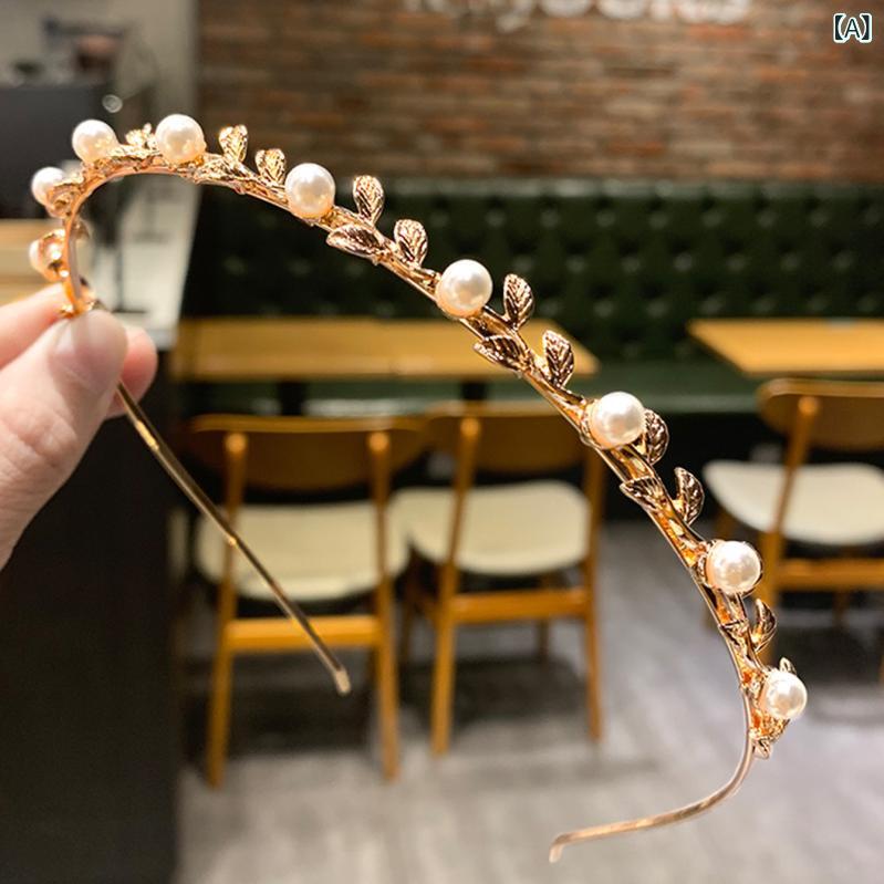 フロントップ楽天市場店のカチューシャ レディース ヘアアクセサリー 髪飾り 葉 リーフ パール パール 合金 シンプル 韓国 かわいい フェミニン ローズゴールド 結婚式 ブライダル パーティー ウェディング小物 ヘッドドレス 極細 華奢 春夏｜アングル2