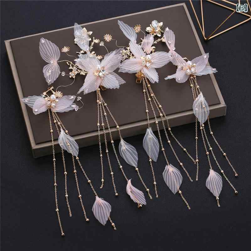フロントップ楽天市場店のヘッドドレス レディース ピアス 2点セット 髪飾り ヘアアクセサリー 結婚式 ブライダル 披露宴 花嫁 ウェディング 花 フラワー チュール 揺れる タッセル クリップ かわいい フェミニン ホワイト ピンク ナチュラル 上品｜アングル3