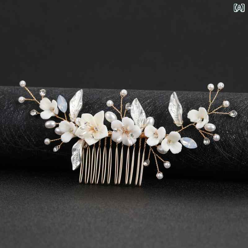ヘアアクセサリー レディース コーム 髪飾り ヘッドドレス ブライダル 結婚式 披露宴 花嫁 ホワイト 白 セラミック フラワー リーフ 合金 ゴールド ボタニカル ナチュラル エレガント 上品 華やか 挿し櫛 春夏 2