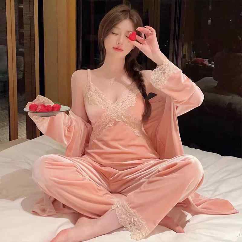パジャマ レディース ルームウェア 3点セット 秋冬 ガウン キャミソール ロングパンツ ベロア ベルベット レース セクシー 光沢 薄手 快適 部屋着 寝巻き 普段使い ブラック ピンク ホワイト