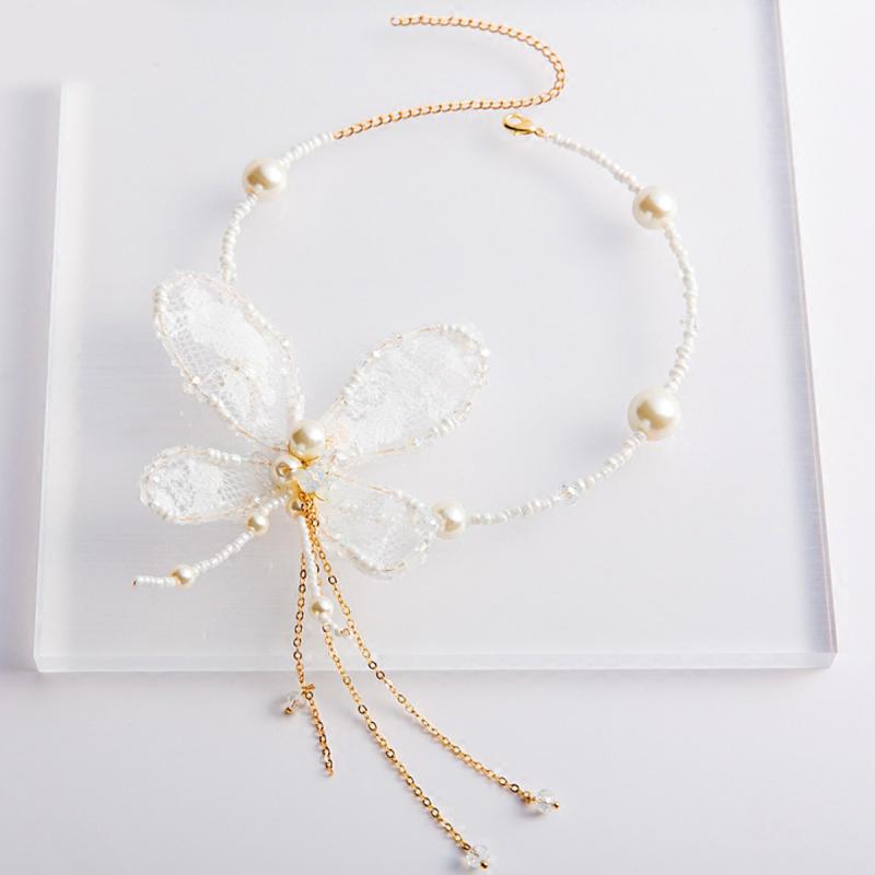 Cross - ネックレス レディース チョーカー ヘッドドレス ヘアアクセサリー ブライダル ウェディング 結婚式 花嫁 披露宴 前撮り レース フラワー モチーフ 白 ホワイト 布製 韓国 エレガント 髪飾り 小物 かわいい 春夏