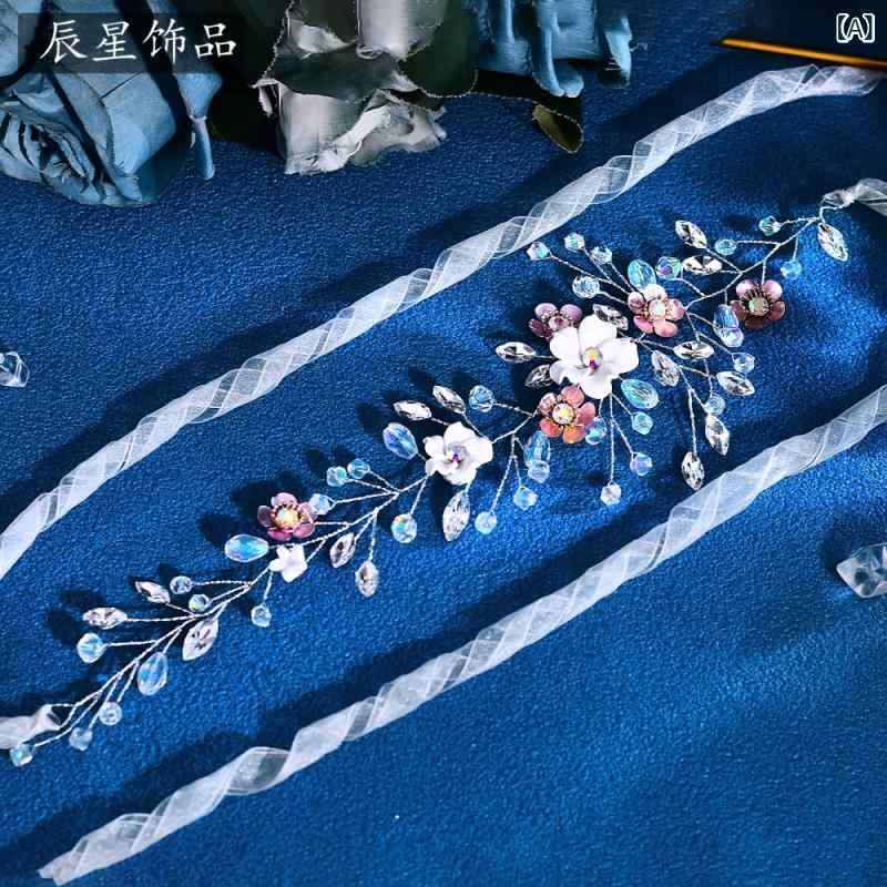 ベルト レディース ブライダル ウェディング 花嫁 結婚式 披露宴 パーティー ドレス 合金 フラワー モチーフ ビジュー ラインストーン キラキラ リボン サテン ハンドメイド 高級感 電気メッキ加工 春夏 シルバー グリーン ブルー