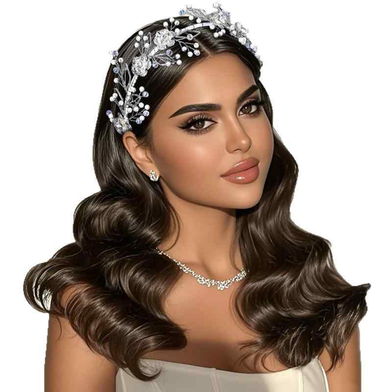 カチューシャ レディース ヘアアクセサリー ヘッドドレス 髪飾り 結婚式 パーティー 普段使い クリスタル ビーズ 合金 フラワー 花 シルバー ヴィンテージ風 エレガント 上品 かわいい シンプル 手編み ハンドメイド 春夏 華やか きれいめ フォーマ