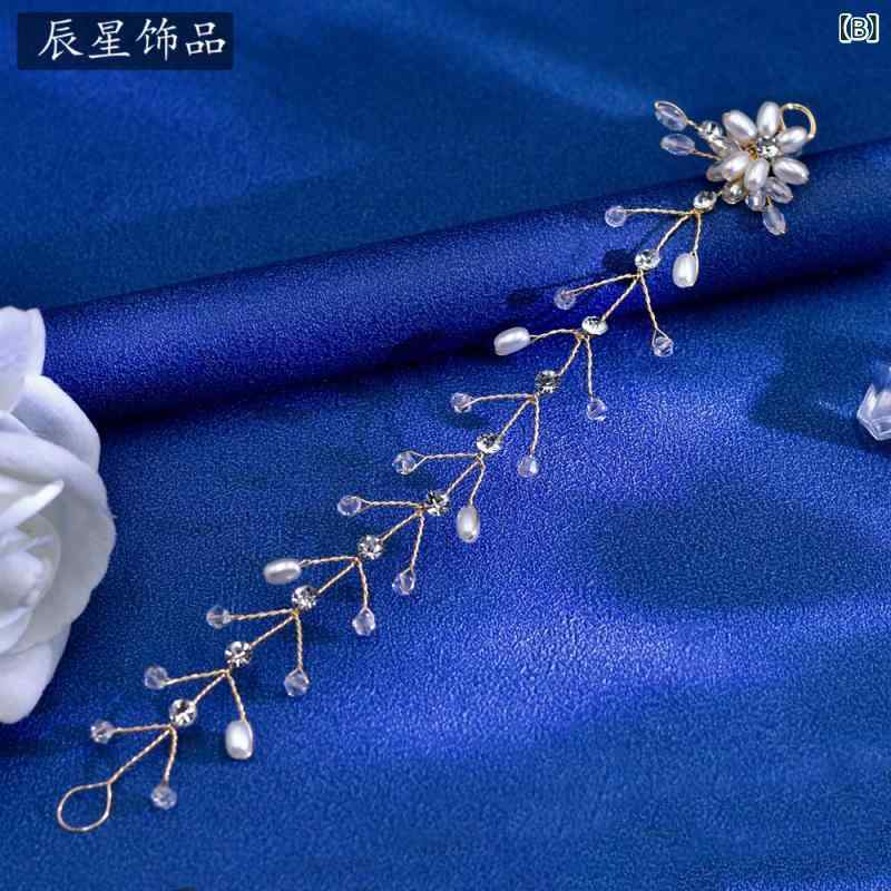 フロントップ楽天市場店のカチューシャ レディース ヘアバンド ブライダル 結婚式 披露宴 髪飾り シルバー ゴールド 合金 銅線 編み込み パール ラインストーン ビジュー チェック ウェーブ ボヘミアン レトロ 春夏 写真撮影 高級感 華やか｜アングル3